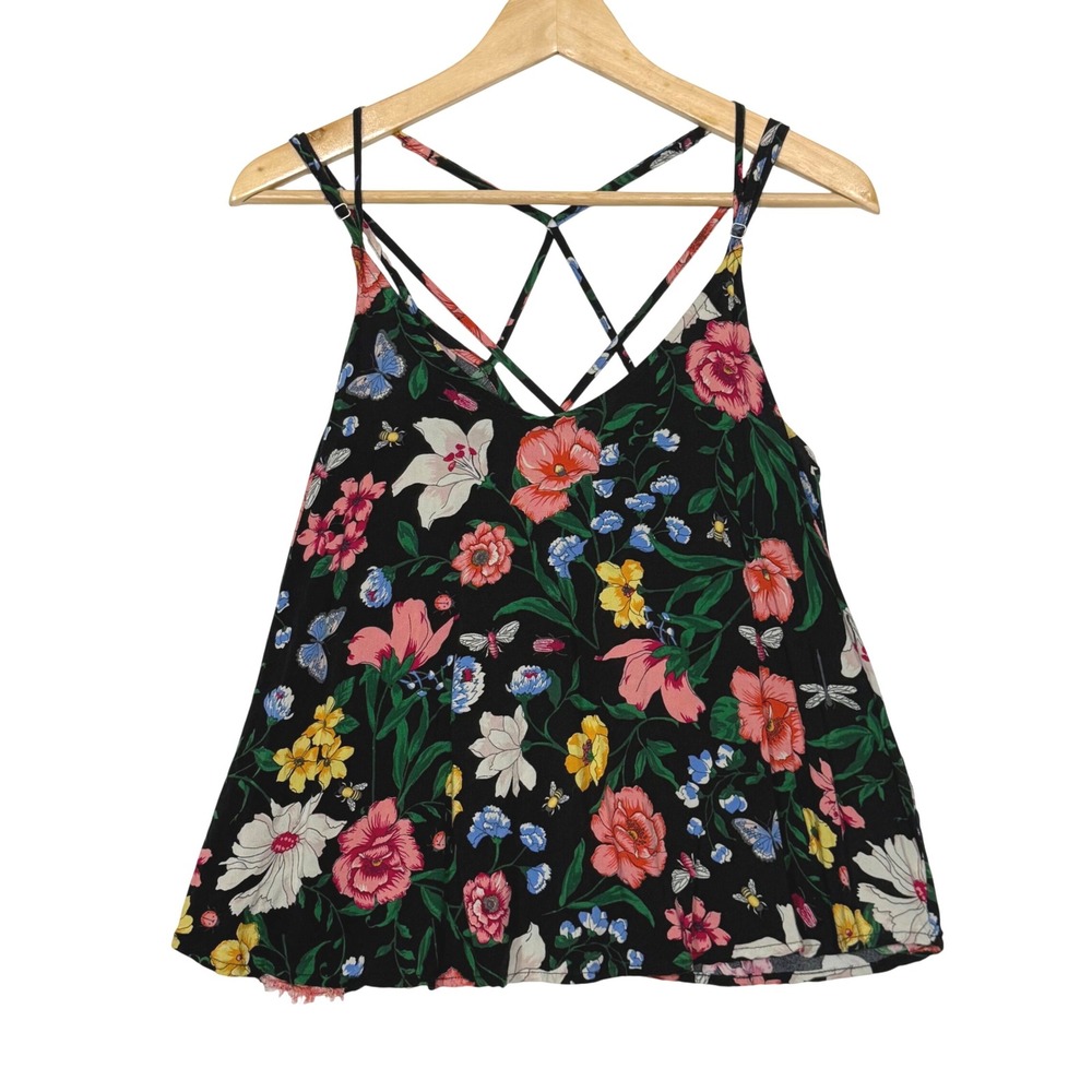 Hollister Floral Print Tank Top Black Multicolor Cross Back Strappy Blouse, M‎